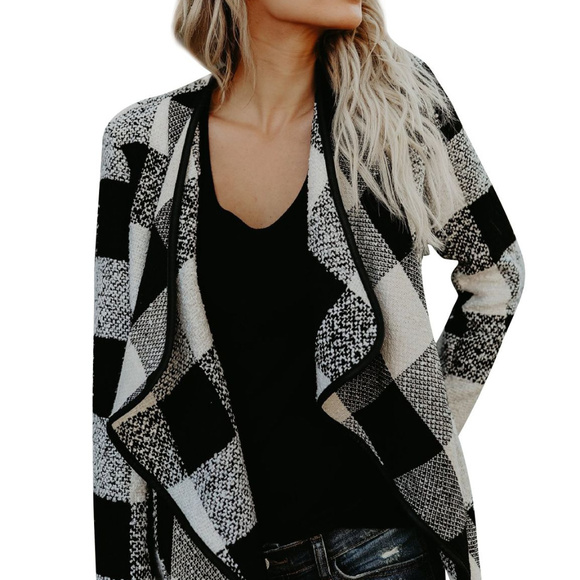 SHEIN Jackets & Blazers - Buffalo Check Plaid Black White Open Lapel Jacket